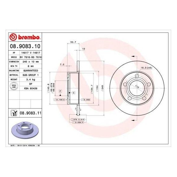 Brembo 08.9083.11 - Oe 4B0615601 Disco Freno Per A6 (4B)-image