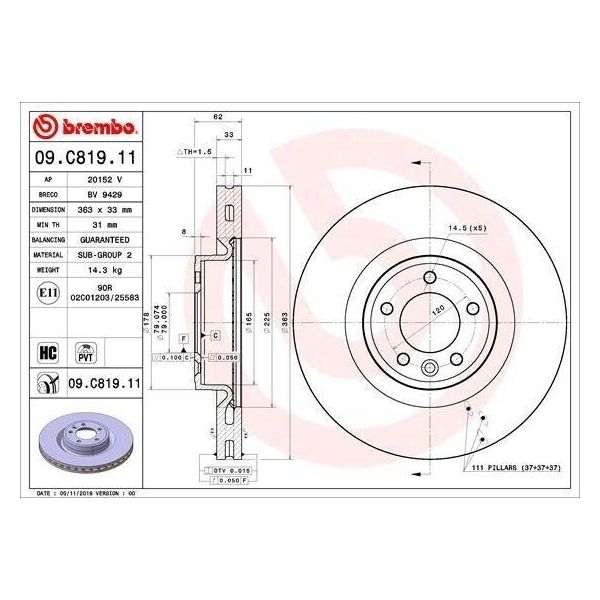 2X Disco Freno Brembo 09.C819.11 Per Land Rover Range Rover Sport (L494) 62Mm-image