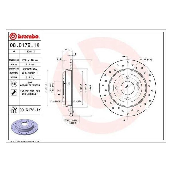 Brembo 08.C172.1X - Oe 584110U300 Disco Freno Per Accent (Hc), Accent Iv (Rb), Bayon (BC3), I20 (Gb, Ib), Rio Iii (Ub), Rio Iv (Fb, Sc, Yb), Solaria (Hcr), Stonic (Yb)-image