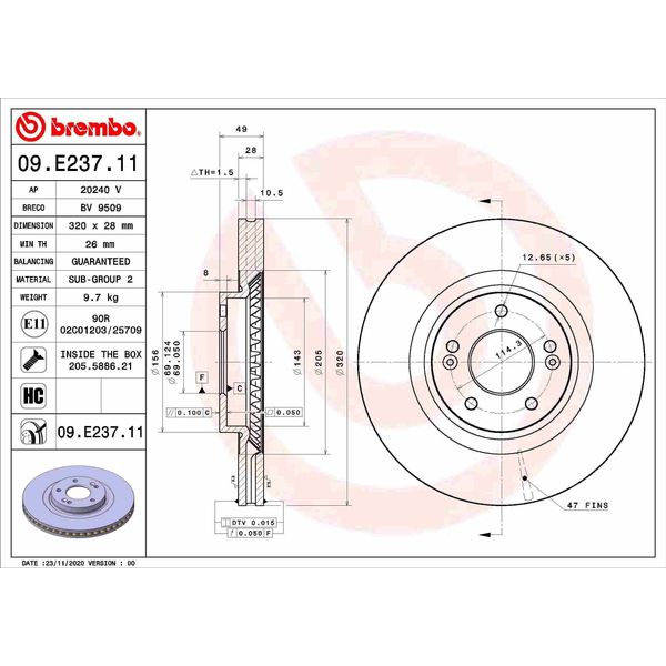 2X Disco Freno Brembo 09.E237.11 Per Hyundai Santa Fé Iii (Dm) 49Mm 320Mm-image