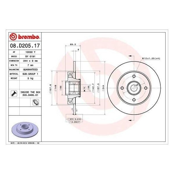 Brembo 08.D205.17 - Disco Freno Oe 1623835180 Per 2008 I (Cu), 208 (Cr), 208 I (Ca, Cc), C3 Aircross Ii (2C, 2R), C3 Iii (Sx), C4 Cactus, Crossland X-image