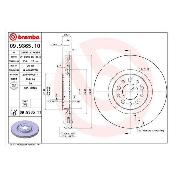 2X Disco Freno Brembo 09.9365.11 Per Jeep Cherokee (Kl) 40Mm 330Mm-image