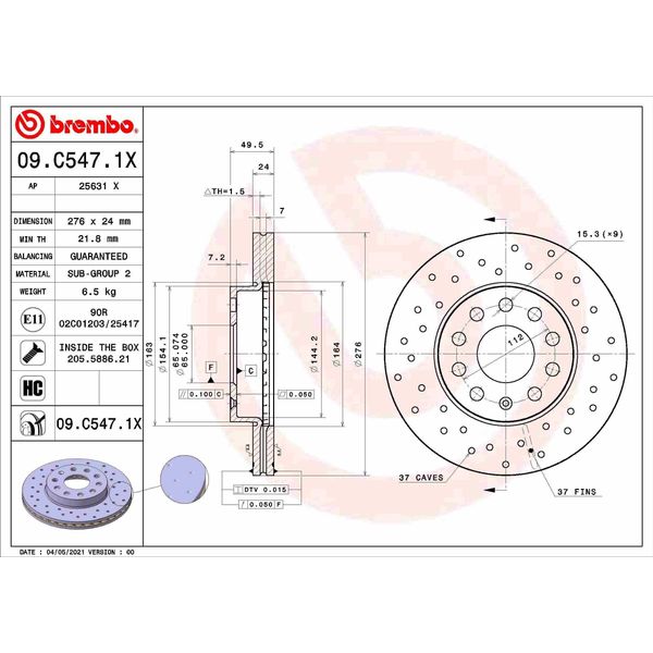 Brembo 09.C547.1X - Oe 5Q0615301A Disco Freno Per A3 (8V), Golf (BA5, BV5), Golf Sportsvan (AM1, AN1), Golf Vii, Leon (5F), Octavia Iii (5E)-image