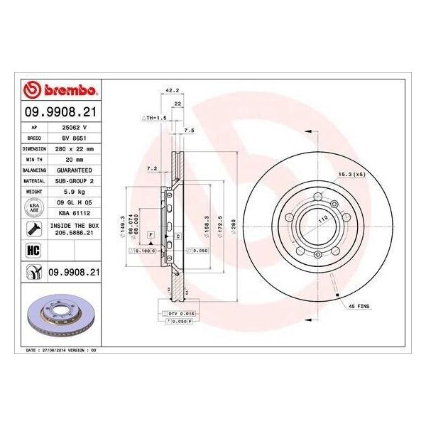 Brembo 09.9908.21 - Oe 3D0615601E Disco Freno Per A8 (400), A8 (4E), Phaeton (3D)-image