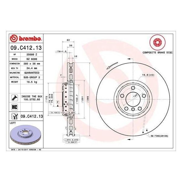 Brembo 09.C412.13 - Disco Freno Oe 34116782067 Per X5 (E70), X5 (F15, F85), X6 (E71)-image