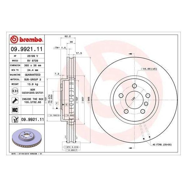 Brembo 09.9921.11 - Disco Freno Oe 34116771982 Per X5 (E70), X6 (E71)-image