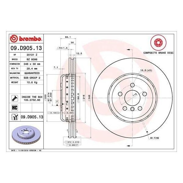 Brembo 09.D905.13 Disco Freno Oe 34116860909 Compatibile Con X5, X4, X3, IX3, Serie 7 G11, Serie 6 G32, Serie 5 G31, Serie 5 G30, Serie 4 G22, Serie 4 G23, Serie 3 G21, Serie 3 G20-image