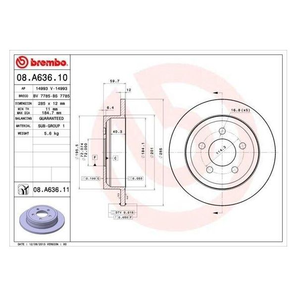Brembo 08.A636.10 - Disco Freno Oe 52128411AB Per Cherokee (Kj), Wrangler Ii (Tj)-image