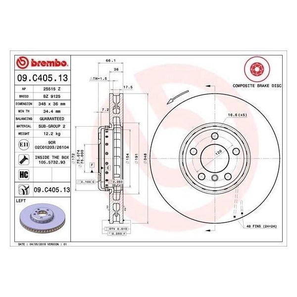 Brembo 09.C405.13 - Disco Freno Oe 34116785669 Per Serie 5 (F10), Serie 5 (F11), Serie 5 Gt (F07), Serie 6 (F06), Serie 6 (F12), Serie 6 (F13), Serie 7 (F01)-image