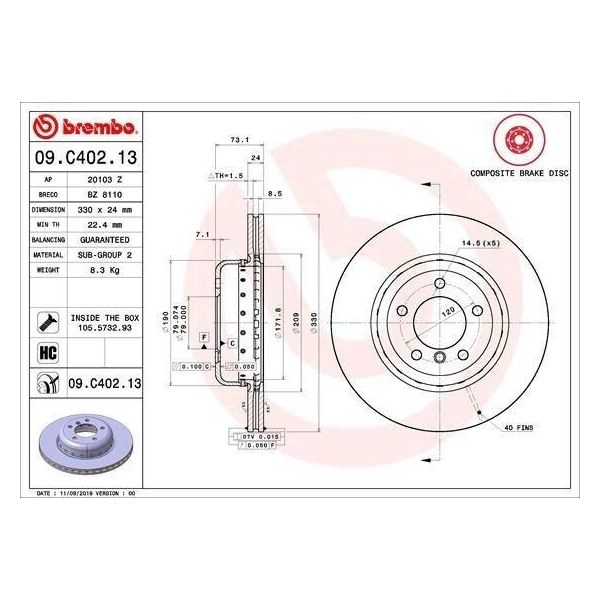 2X Disco Freno Brembo 09.C402.13 Per Bmw Z4 Roadster (E89) 73Mm 330Mm-image