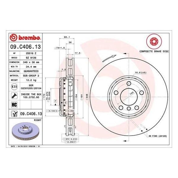 Brembo 09.C406.13 - Oe 34116785670 Disco Freno, Anteriore Destro Per Serie 5 (F10), Serie 5 (F11), Serie 5 Gt (F07), Serie 6 (F06), Serie 6 (F12), Serie 6 (F13), Serie 7 (F01)-image