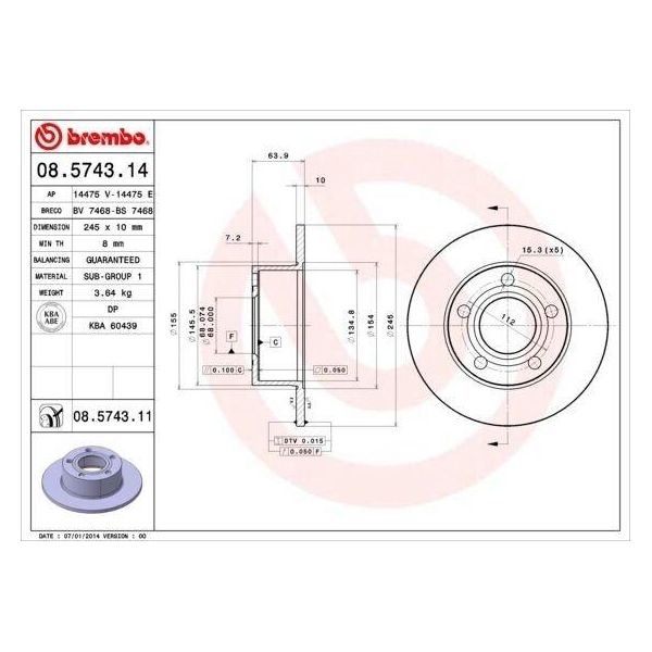 Brembo 08.5743.14 - Oe 4A0615301A Disco Freno Per A6 (4A), A6 (4B), Passat (3B), Superb I (3U)-image