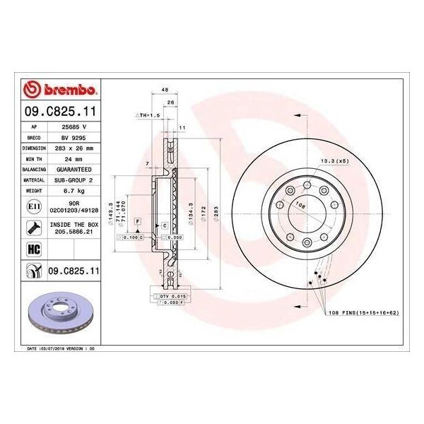 Brembo 09.C825.11 - Disco Freno Oe 1642765080 Per Berlingo, C4 (3A, 3E), C4 G-Picasso Ii (Da, De), C4 Picasso Ii, C4 Spacetourer (3D), Combo (K9), Partner (K9), Rifter-image