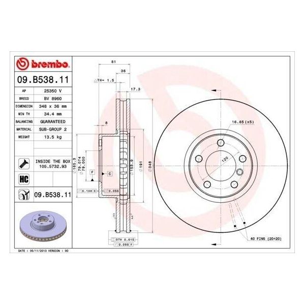 2X Disco Freno Brembo 09.B538.11 Per Bmw 7 (E65 E66 E67) 81Mm 348Mm-image
