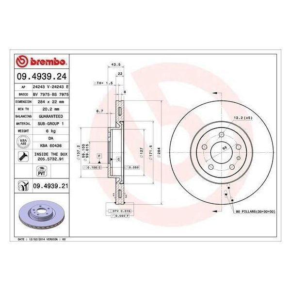 Brembo 09.4939.24 - Bremsscheibe Oe 164102202300 Per 147 (937), 156 (932), Combo (X12), Combo Tour (X12), Doblo, Gt (937), Gtv (916), Qubo, Spider (916)-image