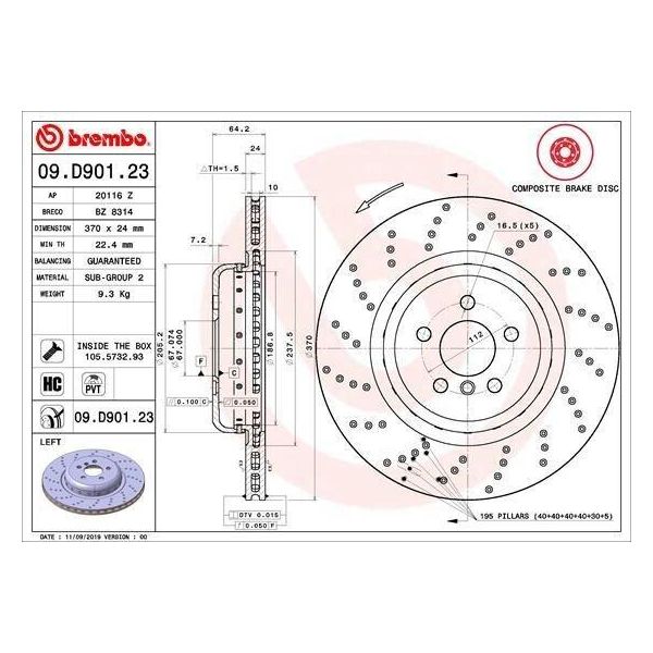 Brembo 09.D901.23 - Disco Freno Oe 34216878179 Per Serie 5 (F90, G30), Serie 5 (G31), Serie 6 Gt (G32), Serie 7 (G11, G12)-image