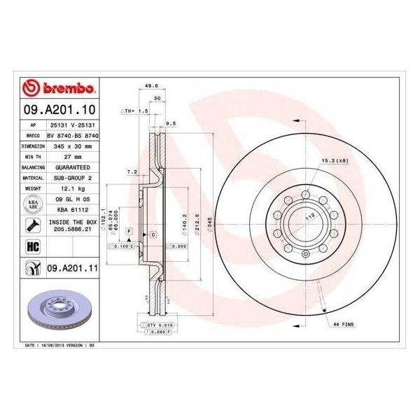 Brembo 09.A201.11 - Disco Freno Oe 1K0615301AR Per A3 (8P), Eos (1F), Golf V (1K), Golf Vi, Leon (1P1), Passat (3C), Passat Cc (357), Scirocco, Superb Ii (3T)-image