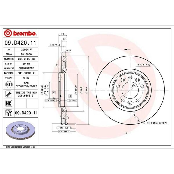 Brembo 09.D420.11 - Disco Freno Oe 1616394580 Per Expert (V), Jumpy (V), Traveller (V), Vivaro C (K0), Zafira Life-image