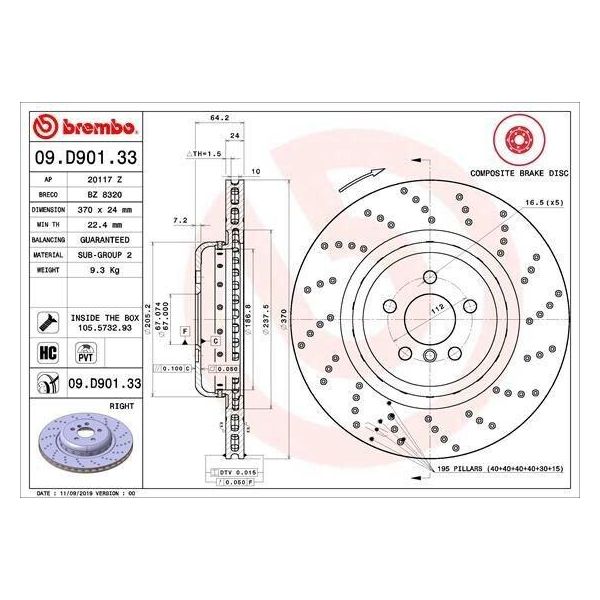 Brembo 09.D901.33 - Disco Freno Oe 34216878180 Per Serie 5 (F90, G30), Serie 5 (G31), Serie 6 Gt (G32), Serie 7 (G11, G12)-image