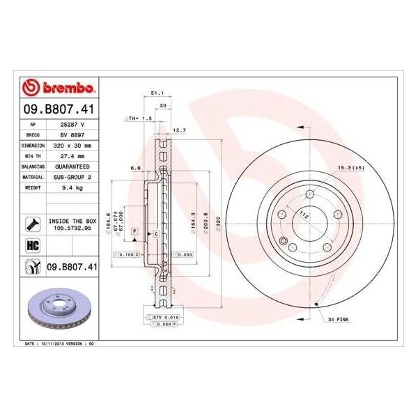 Brembo 09.B807.41 - Disco Freno Oe 2464212612 Per Classe A (W176), Classe B (W246), Cla (C117), Cla (X117), Classe Gla (X156)-image
