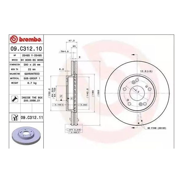 Brembo 09.C312.11 - Disco Freno Oe 45251TV0E00 Per Civic Ix, Civic Viii-image