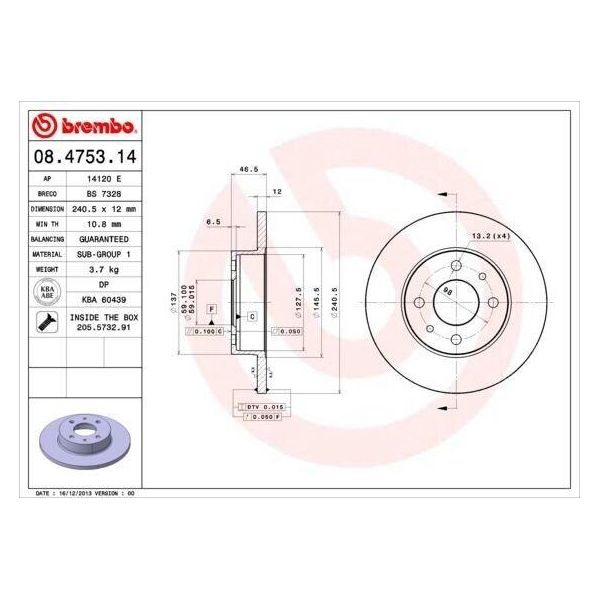 Brembo 08.4753.14 - Disco Freno Oe 5961814 Per Fiorino, Panda, Premio, Uno-image