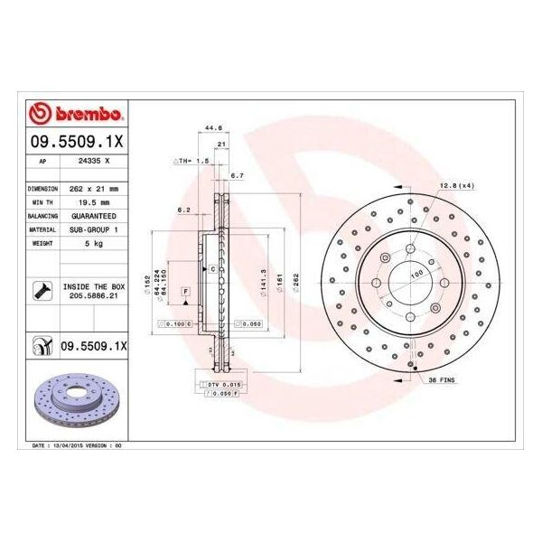 Brembo 09.5509.1X - Disco Freno Oe 45251SK7000 Per Civic V, Civic Vi, Crx Iii (Eg, Eh)-image