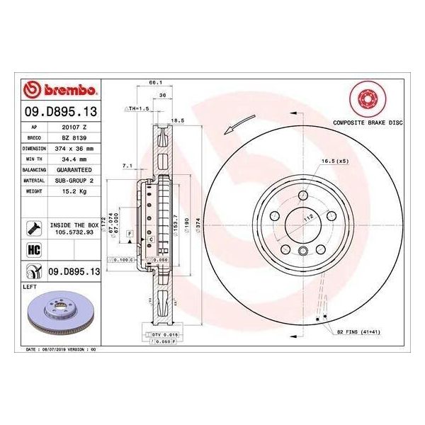 Brembo 09.D895.13 Disco Freno Oe 34106880077 Compatibile Con X7, X6, X5, Serie 8 F93, Serie 8 F92, 8 F91, 7 G11, 6 G32, 5 G31, 5 G30, 4 G22, 3 G20-image