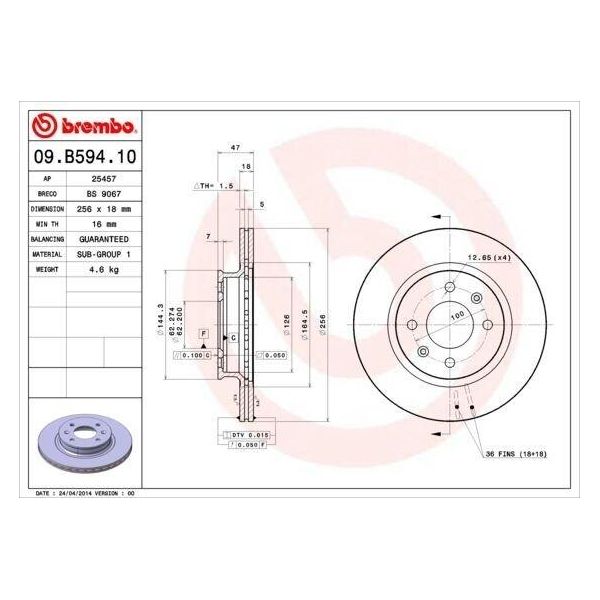 Brembo 09.B594.10 - Oe 517121J500 Disco Freno Per I20 (Pb)-image