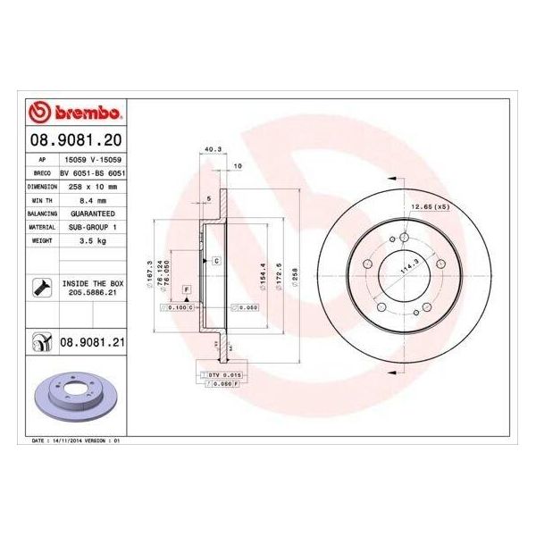 Brembo 08.9081.20 - Disco Freno Oe 584111P300 Per Ix20 (Jc), Venga (Yn)-image