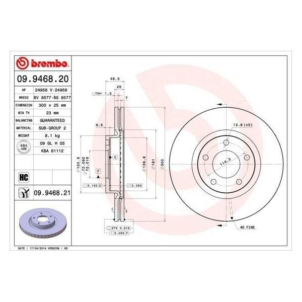 Brembo 09.9468.20 - Disco Freno Oe BP6Y3325XD Per 3 (Bk), 3 (Bl), 5 (CR19), 5 (Cw)-image
