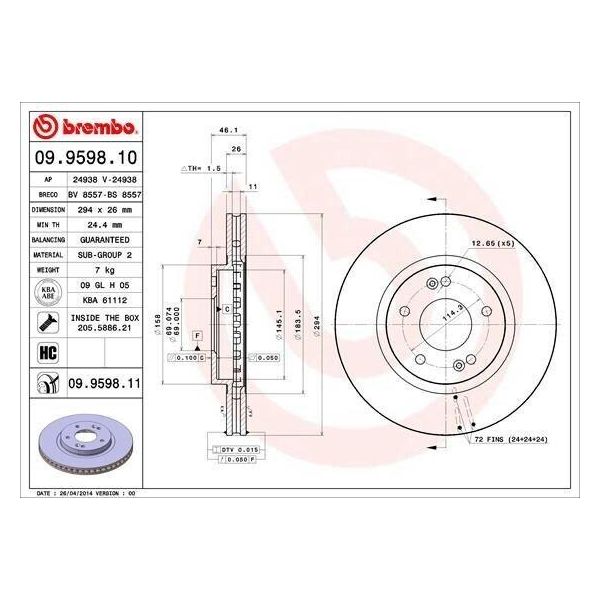 Brembo 09.9598.11 - Disco Freno Oe 5171226100 Per Santa Fe I (Sm)-image