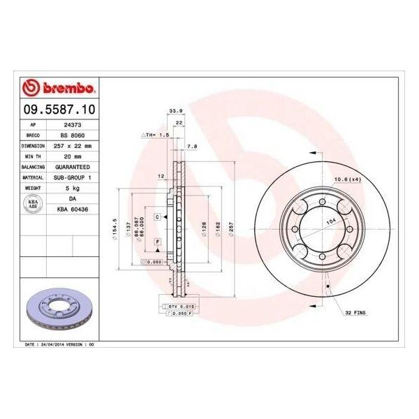Brembo 09.5587.10 - Disco Freno Oe 5171228300 Per Coupé (Rd), Lantra I (J-1), Lantra Ii (J-2)-image