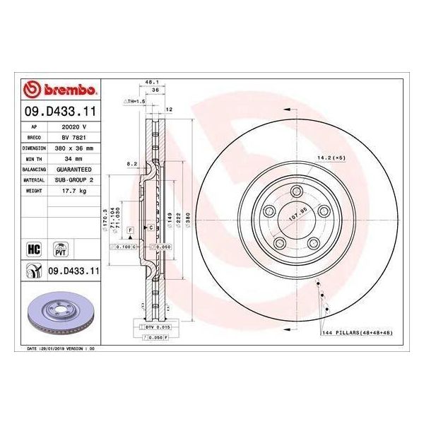 Brembo 09.D433.11 - Disco Freno Oe C2P12622 Per F-Type (X152), Xf (X250), Xj (X351), Xk (X150)-image