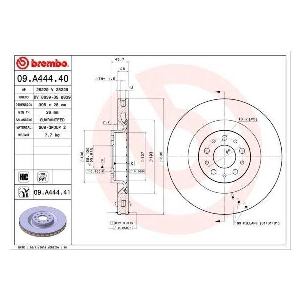 Brembo 09.A444.40 - Disco Freno Oe 51854567 Per 500L (351, 352), Combo (X12), Combo Tour (X12), Doblo-image