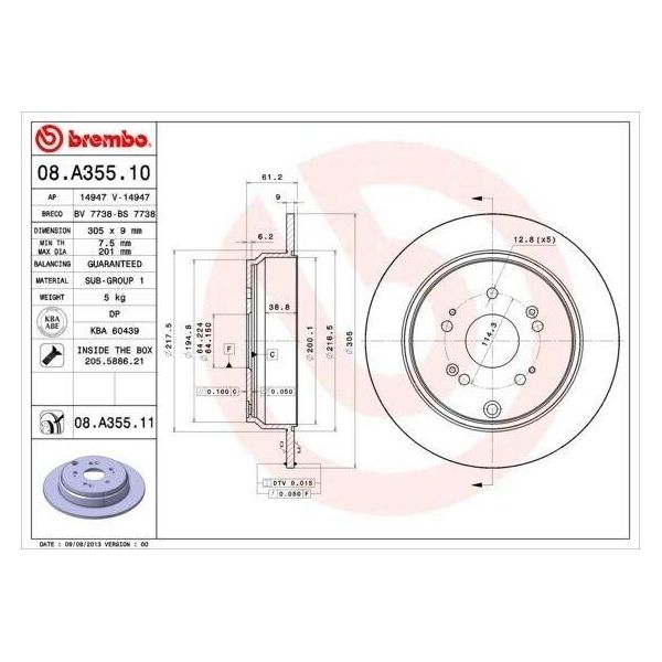 Brembo 08.A355.11 - Oe 42510TX4A01 Disco Freno Per CR-V Ii (Rd), CR-V Iv (Rm)-image