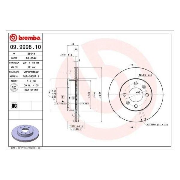 Brembo 09.9998.10 - Oe 517121C000 Disco Freno Per Getz (Tb)-image