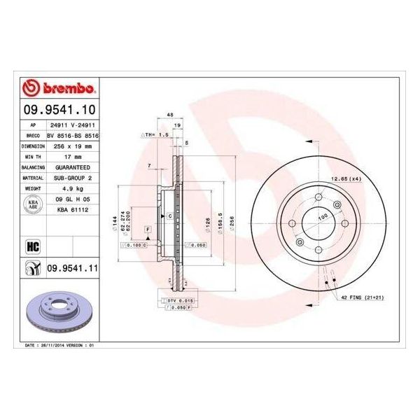 Brembo 09.9541.10 - Oe 517121C050 Disco Freno Per Getz (Tb)-image