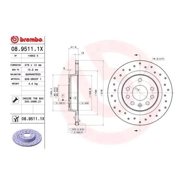 Brembo 08.9511.1X - Disco Freno Oe 569115 Per Signum (Z03), Vectra C (Z02)-image