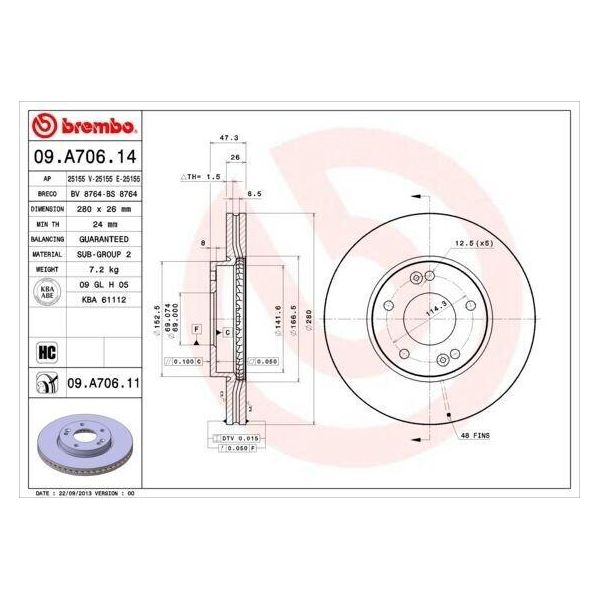 Brembo 09.A706.11 - Oe 517121D100 Disco Freno Per Carens Iii (Un)-image