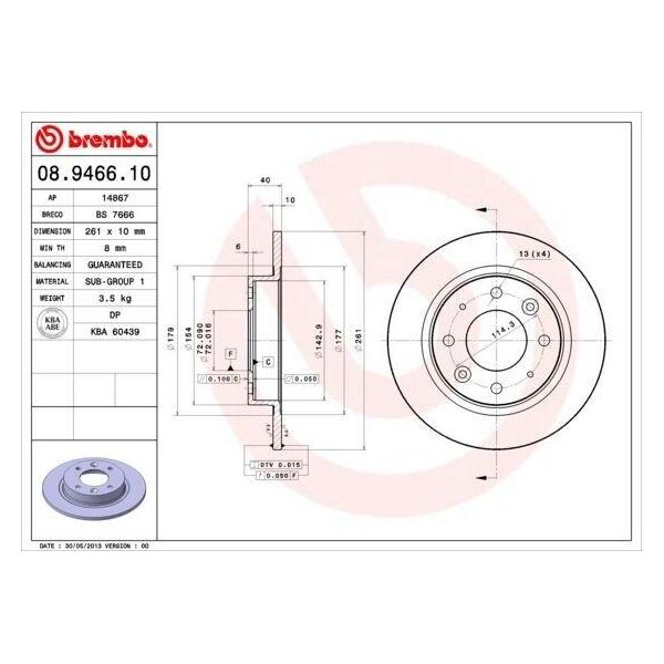 Brembo 08.9466.10 - Oe 0K9A226251 Disco Freno Per Carens I (Fc), Carens Ii (Fj)-image