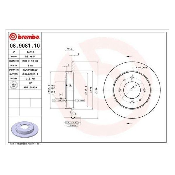 Brembo 08.9081.10 - Disco Freno Oe 5841129300 Per Coupé (Rd), Elantra (Xd), Lantra I (J-1), Lantra Ii (J-2)-image