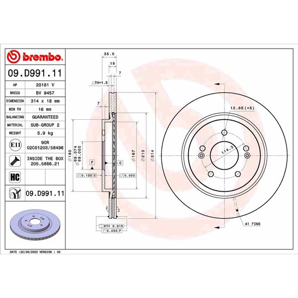 2X Disco Freno Brembo 09.D991.11 Per Hyundai Santa Fé Iv (Tm) Palisade (LX2)-image