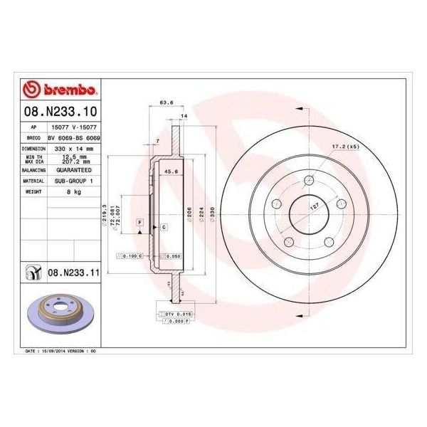 Brembo 08.N233.11 - Disco Freno Oe 52124763AB Per Grand Cherokee Iv (Wk, WK2)-image