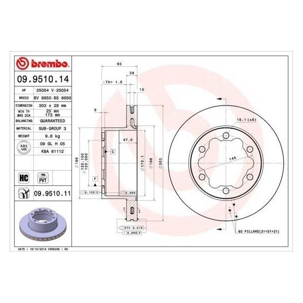 Brembo 09.9510.14 - Disco Freno Oe 9064230112 Per Crafter (2E), Crafter (2F), Sprinter (W906), Sprinter (W907)-image
