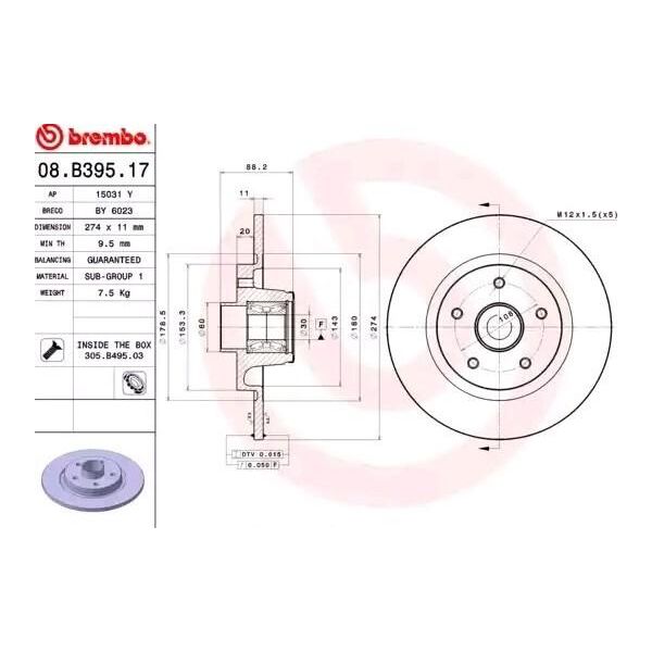 Brembo 08.B395.17 - Disco Freno Oe 8200381148 Per Kangoo (Fw), Kangoo (Kw)-image