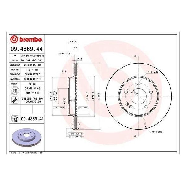 Brembo 09.4869.41 - Disco Freno Oe A2024210912 Per Classe C (S202), Classe C (W202)-image