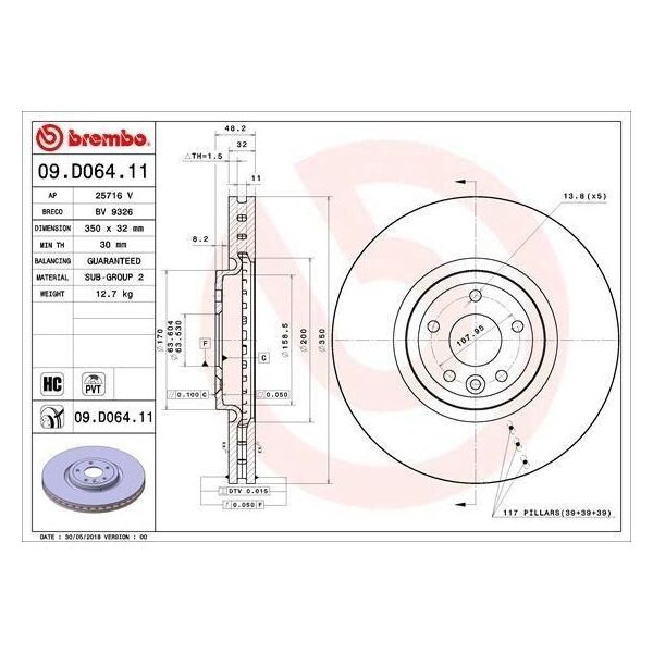 Brembo 09.D064.11 - Disco Freno Oe T4N1803 Per Xe (X760), Xf (X260)-image
