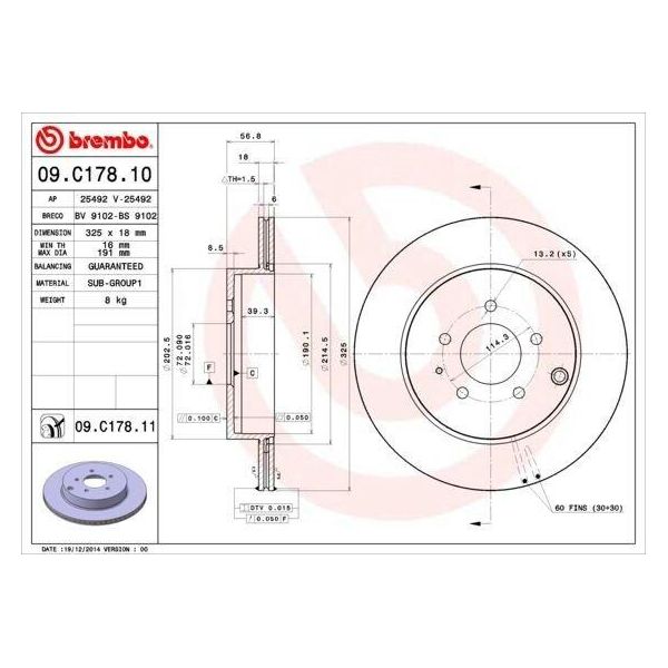 Brembo 09.C178.11 - Oe L23226251 Disco Freno Per CX-7 (Er), CX-9 (Tb)-image