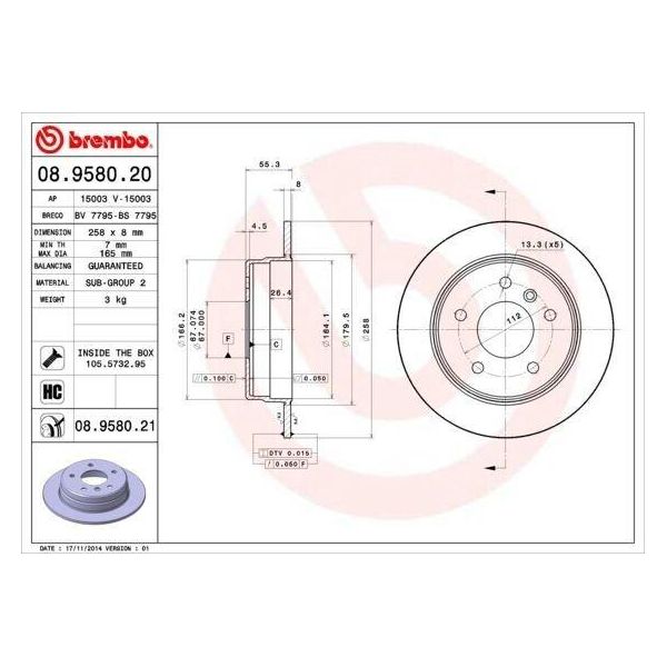 Brembo 08.9580.21 - Disco Freno Oe 1684230212 Per Classe A (W168), Vaneo (414)-image